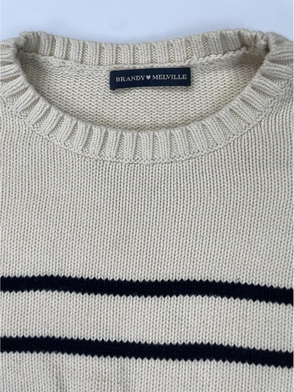 Brandy Melville Brianna Sweater Cream Navy Blue Striped Cotton Beach Nautical OS - Picture 4 of 10